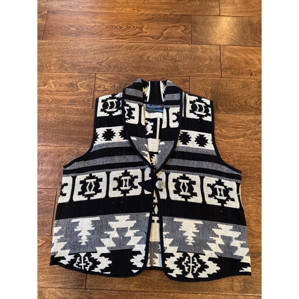 Vintage Shaver Lake Southwestern Tribal Print Black White Vest Large USA Made